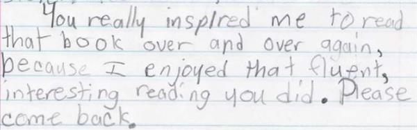 a kind note from a child about reading day 